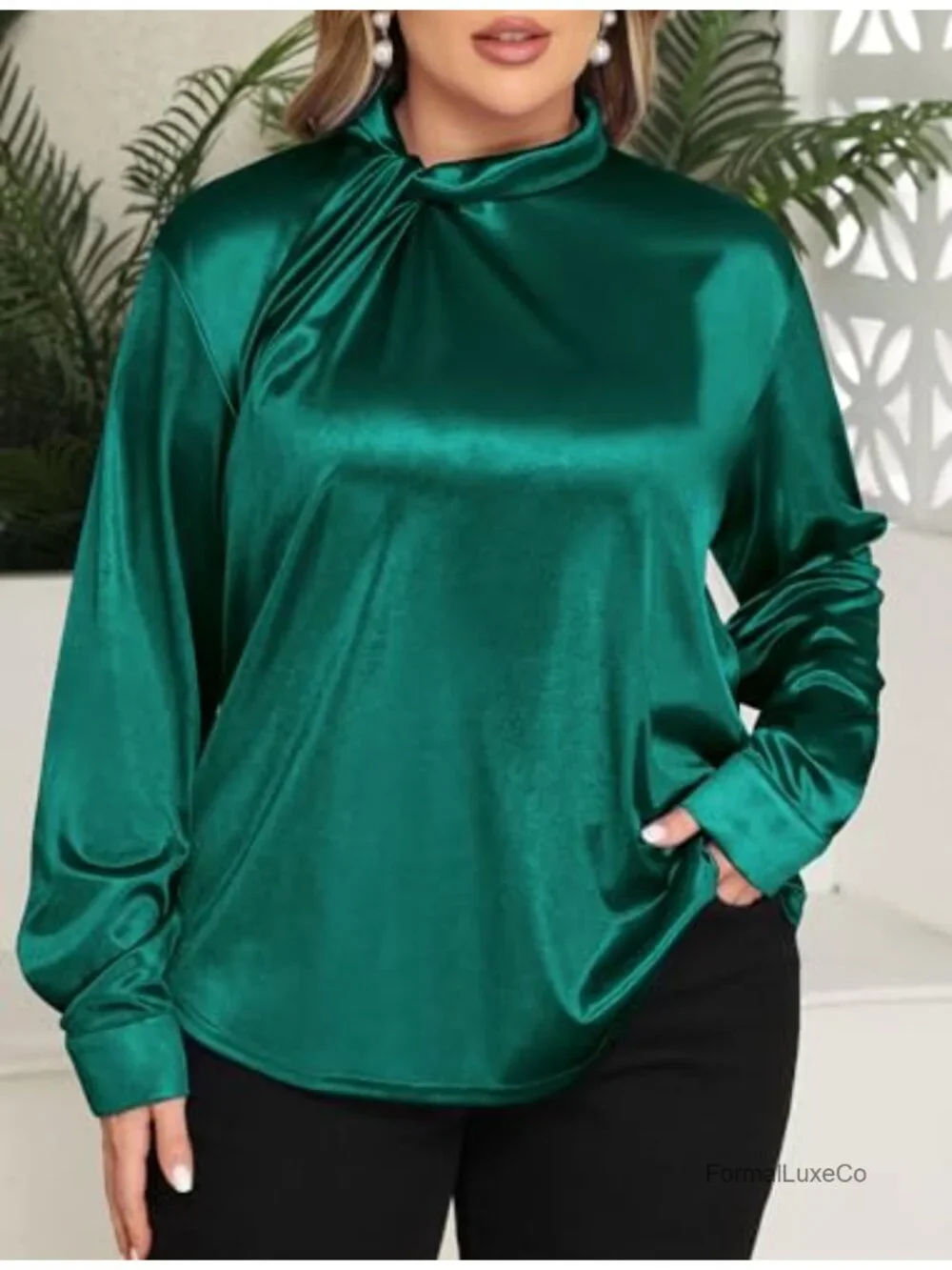 Plus Size Satin Business Casual Blouse Long Sleeve Twist Mock Neck Office Top
